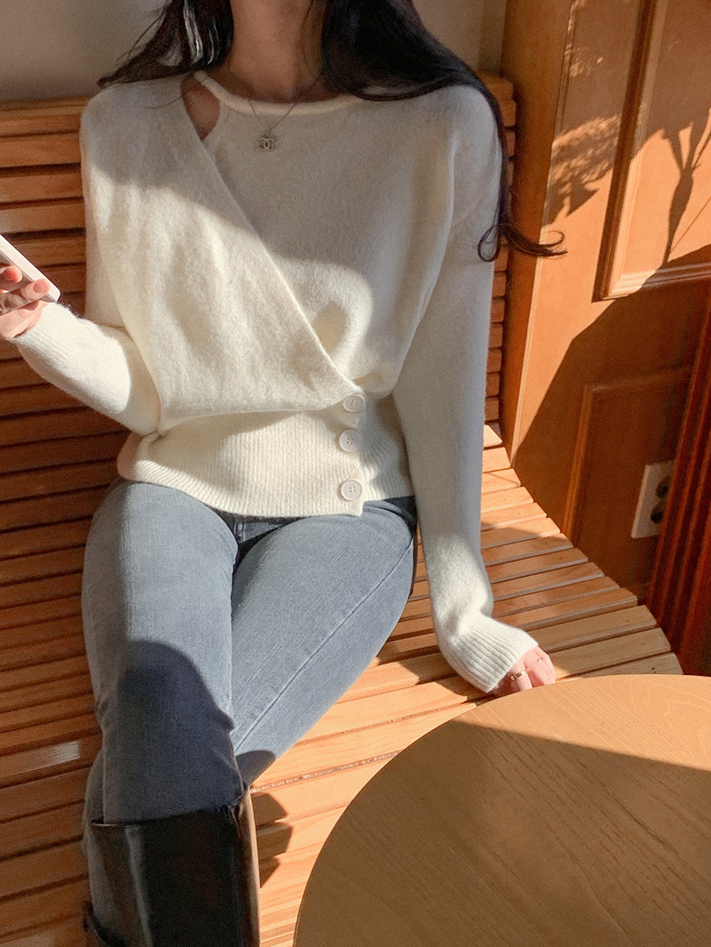 ボタンラウンドネックラップ長袖カラーニット | 詳細画像5