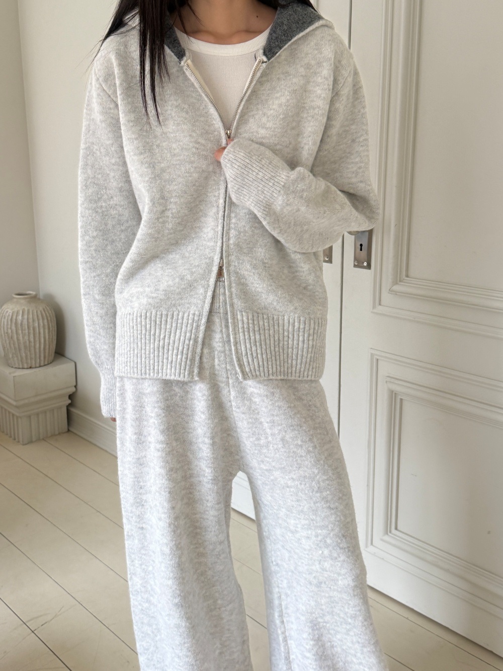 ウール混フードダブルジップウエストゴムワイドカラーパンツカーディガン | 詳細画像2