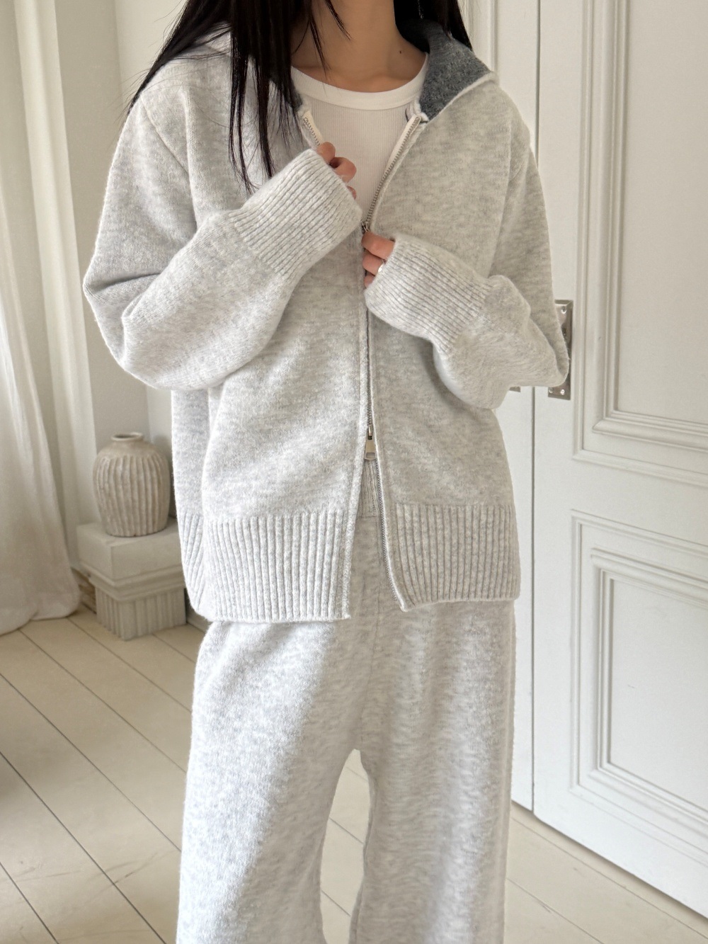 ウール混フードダブルジップウエストゴムワイドカラーパンツカーディガン | 詳細画像3