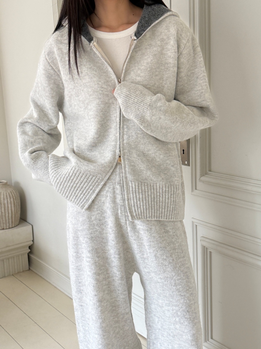 ウール混フードダブルジップウエストゴムワイドカラーパンツカーディガン | 詳細画像5