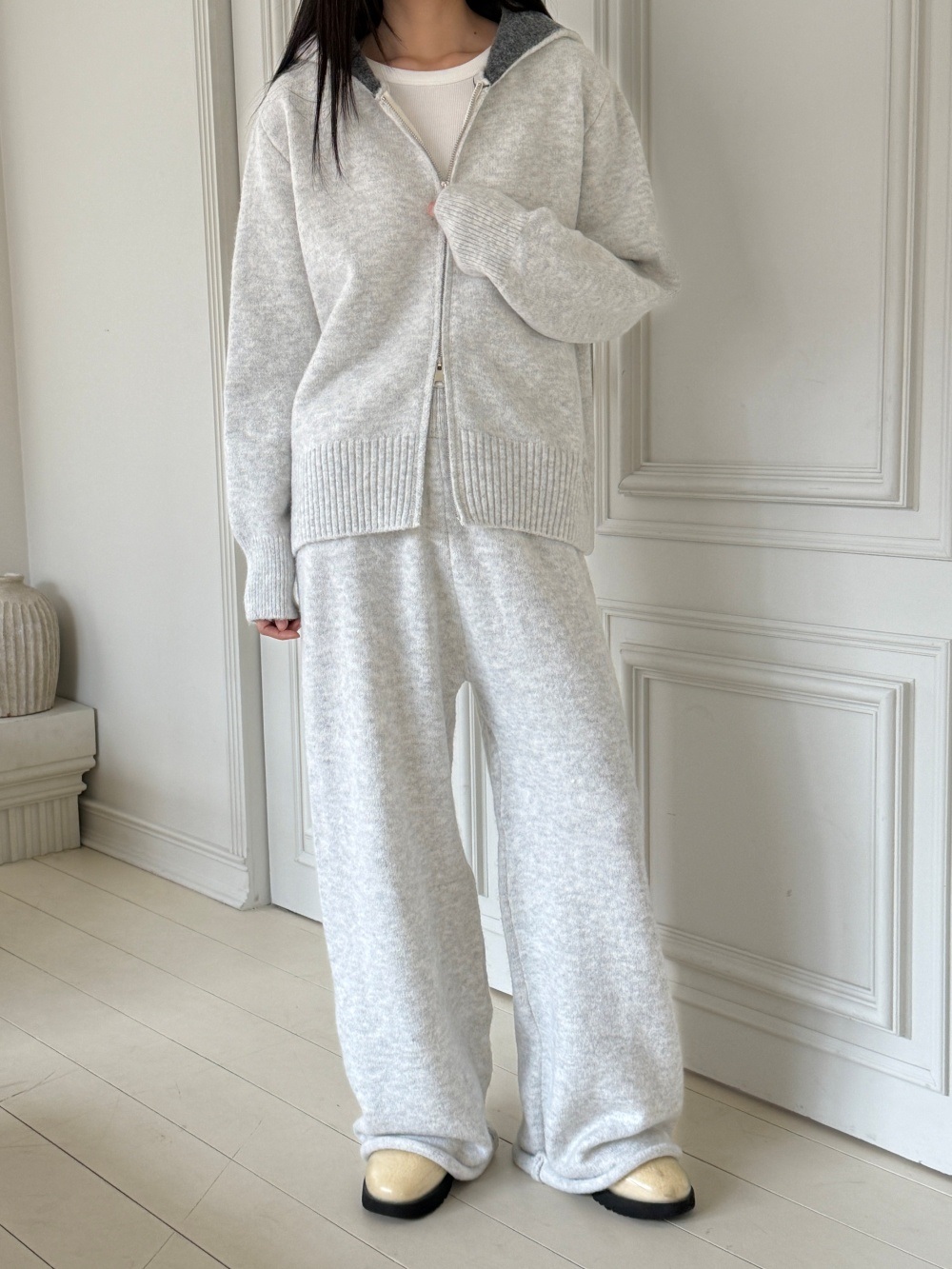 ウール混フードダブルジップウエストゴムワイドカラーパンツカーディガン | 詳細画像6