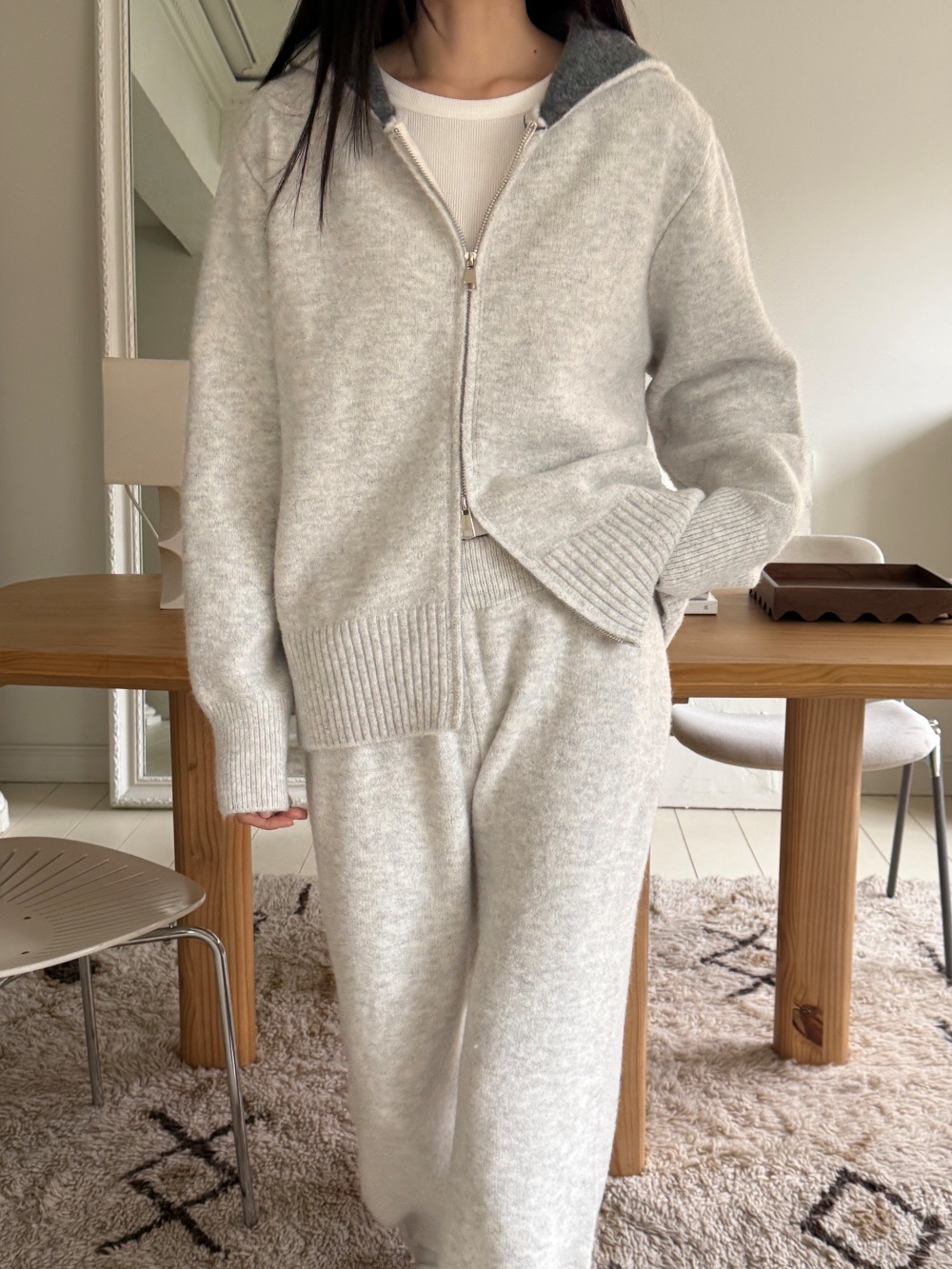 ウール混フードダブルジップウエストゴムワイドカラーパンツカーディガン | 詳細画像7