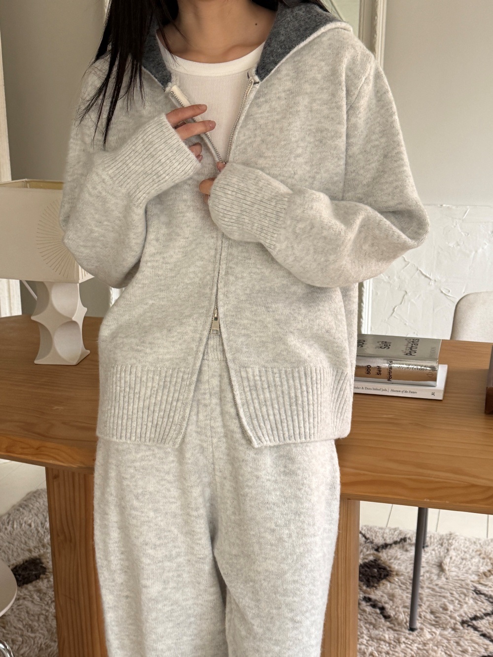 ウール混フードダブルジップウエストゴムワイドカラーパンツカーディガン | 詳細画像9