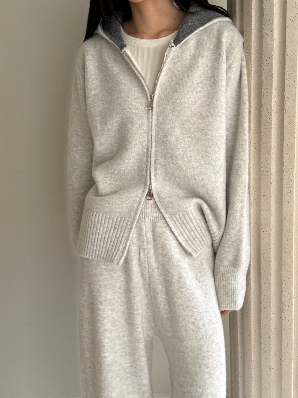 ウール混フードダブルジップウエストゴムワイドカラーパンツカーディガン | 詳細画像10