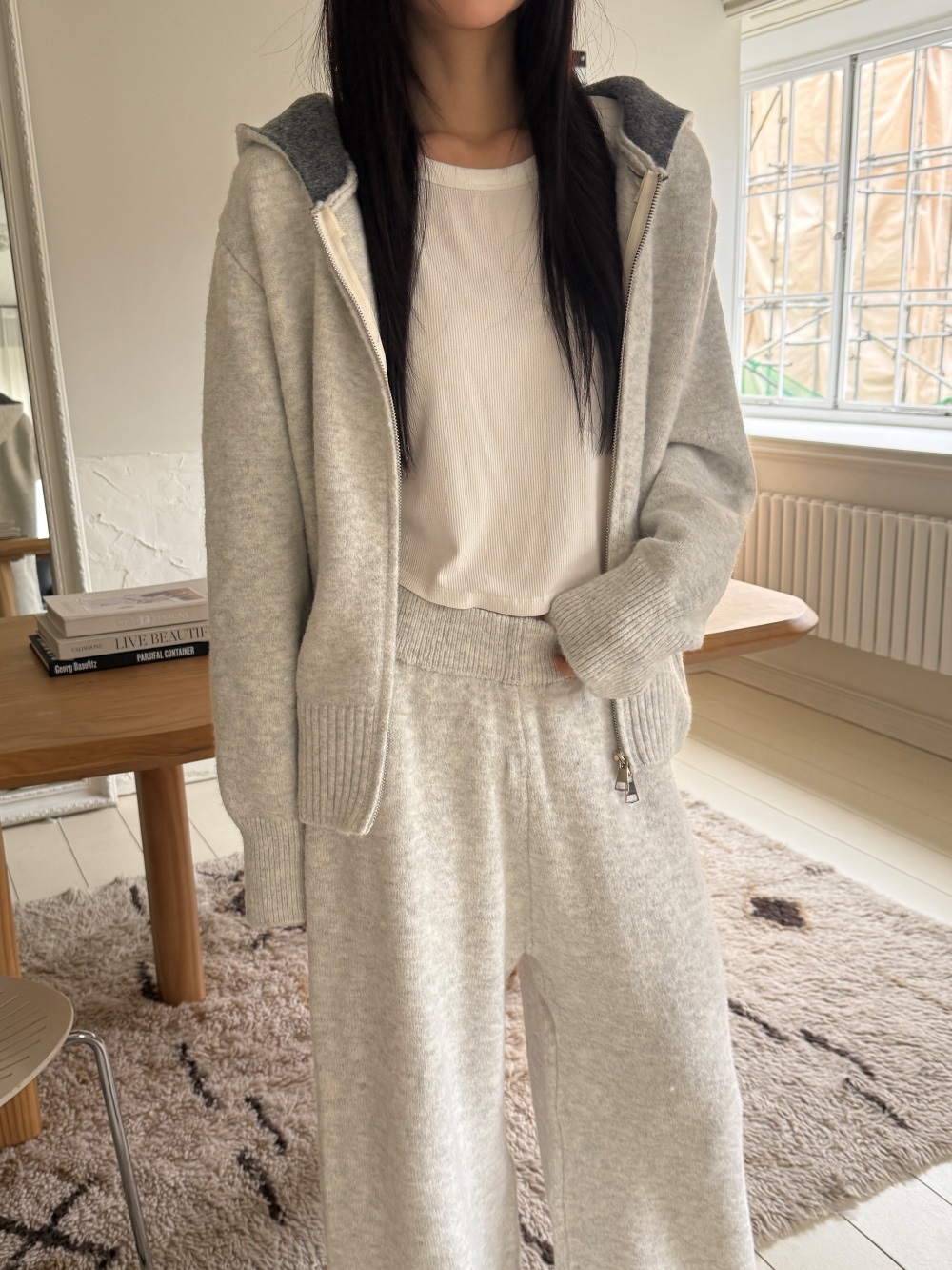 ウール混フードダブルジップウエストゴムワイドカラーパンツカーディガン | 詳細画像11