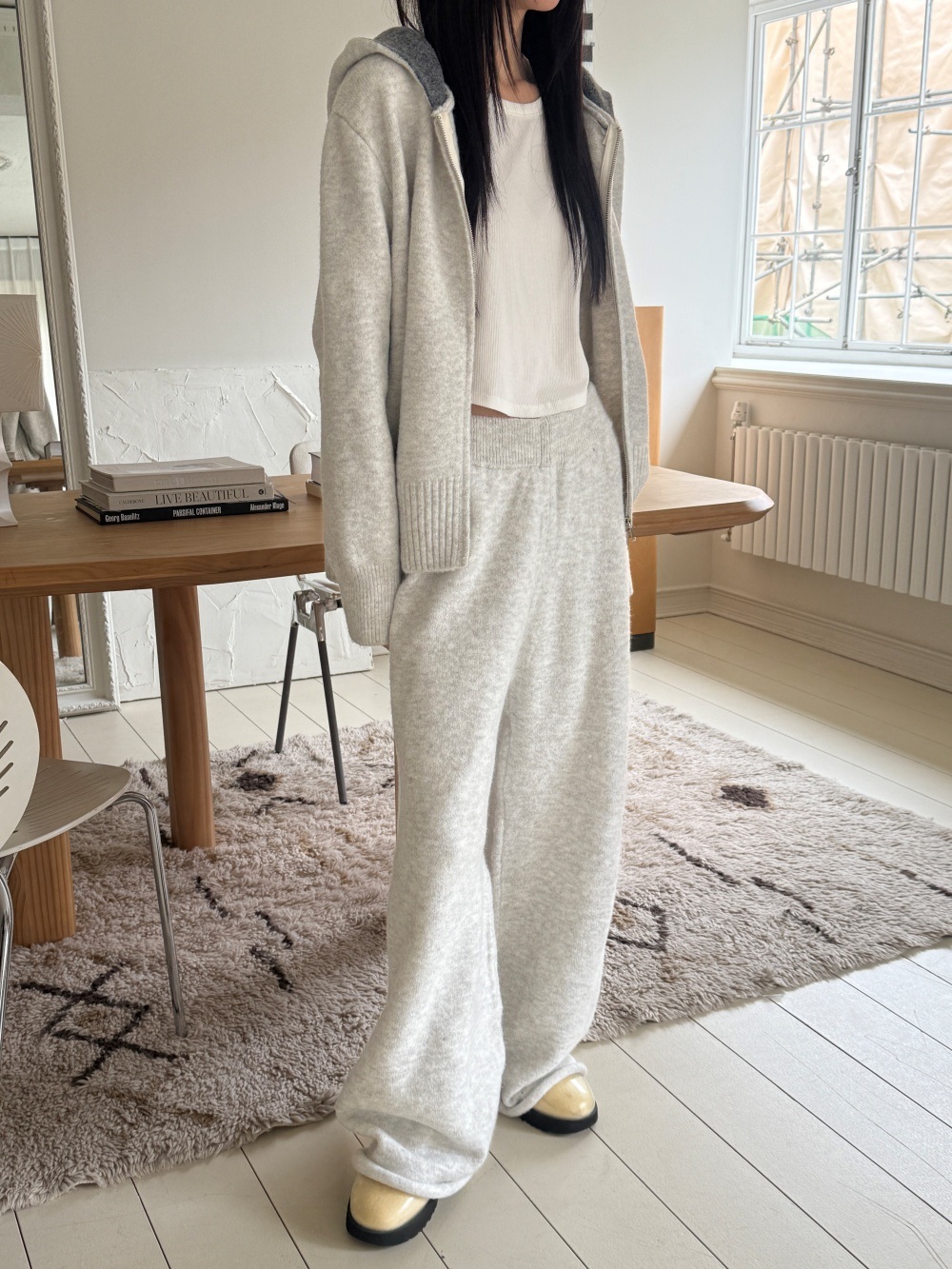 ウール混フードダブルジップウエストゴムワイドカラーパンツカーディガン | 詳細画像12