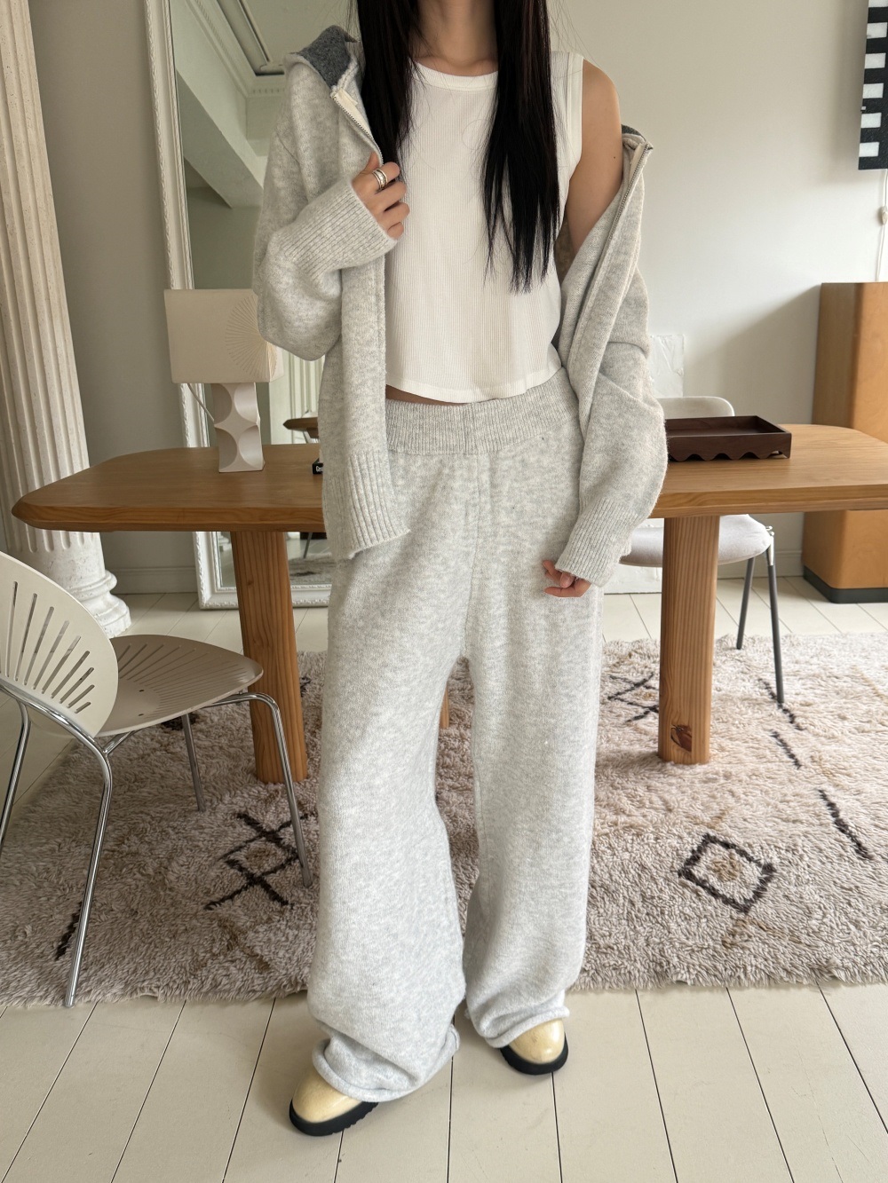 ウール混フードダブルジップウエストゴムワイドカラーパンツカーディガン | 詳細画像13