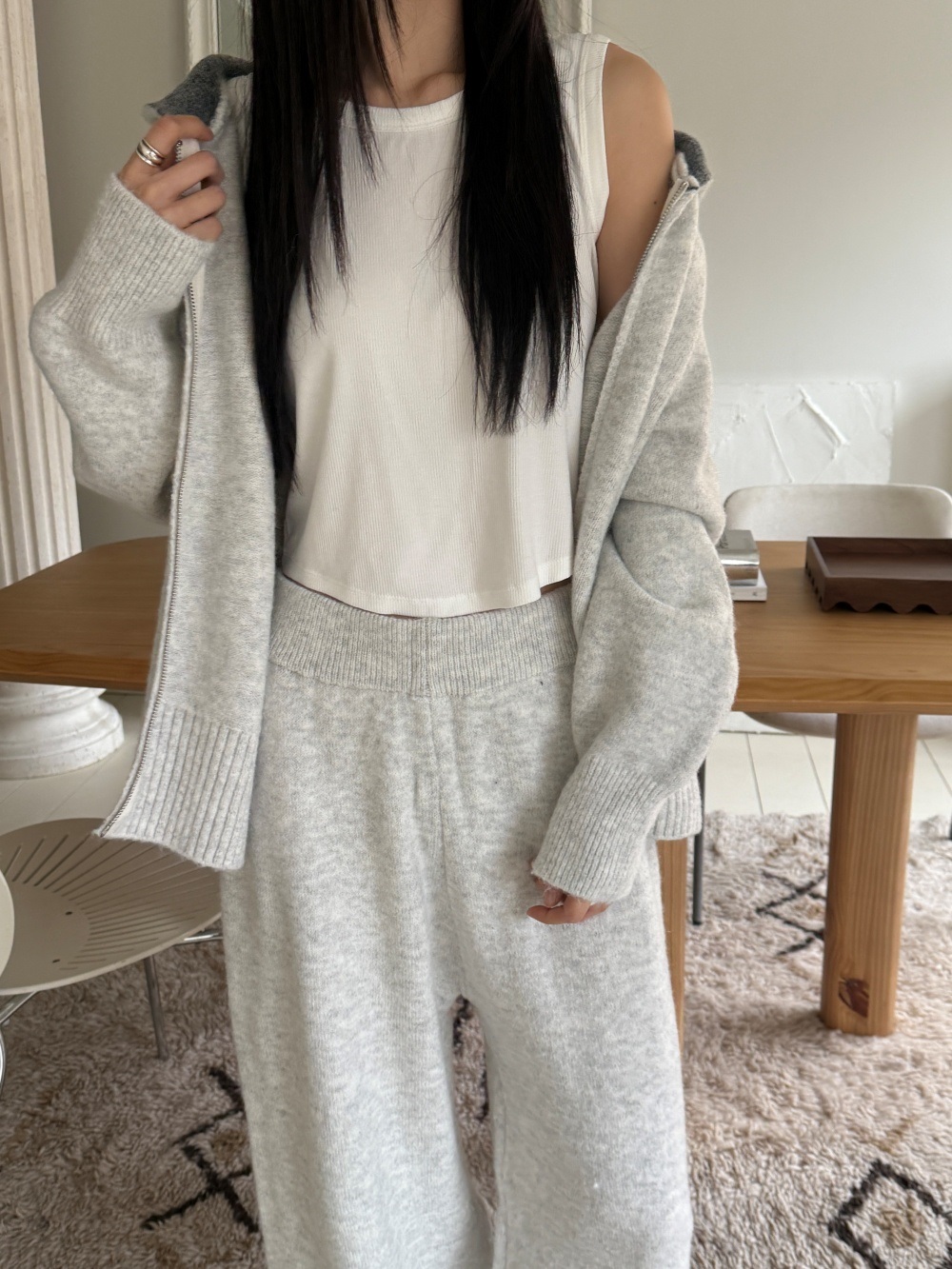 ウール混フードダブルジップウエストゴムワイドカラーパンツカーディガン | 詳細画像14