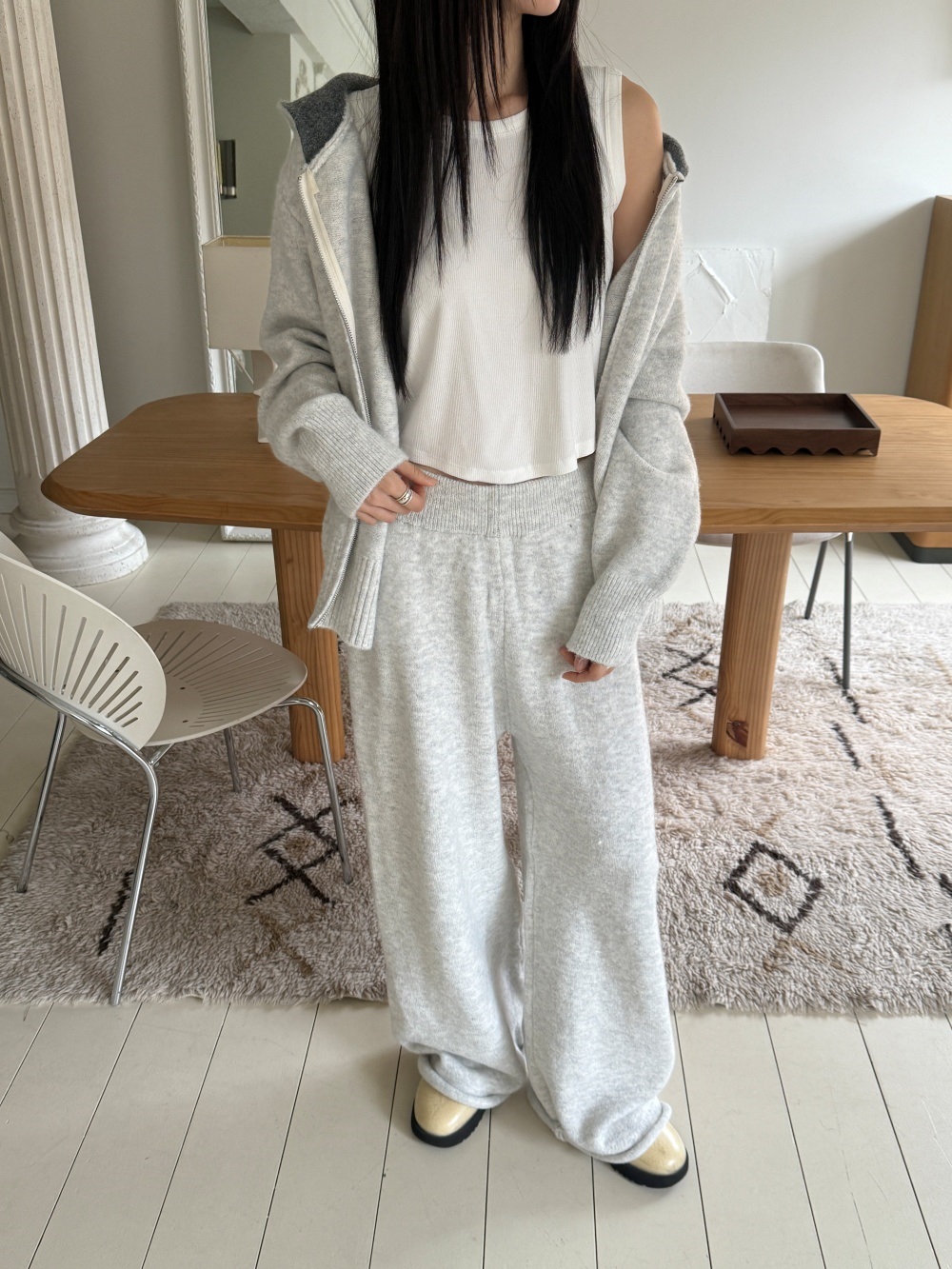 ウール混フードダブルジップウエストゴムワイドカラーパンツカーディガン | 詳細画像15