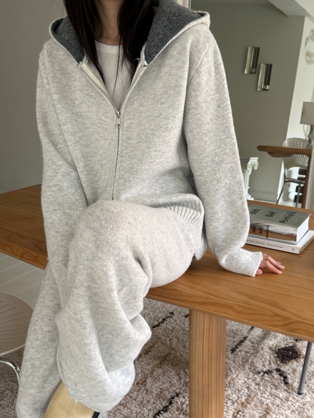 ウール混フードダブルジップウエストゴムワイドカラーパンツカーディガン | 詳細画像16