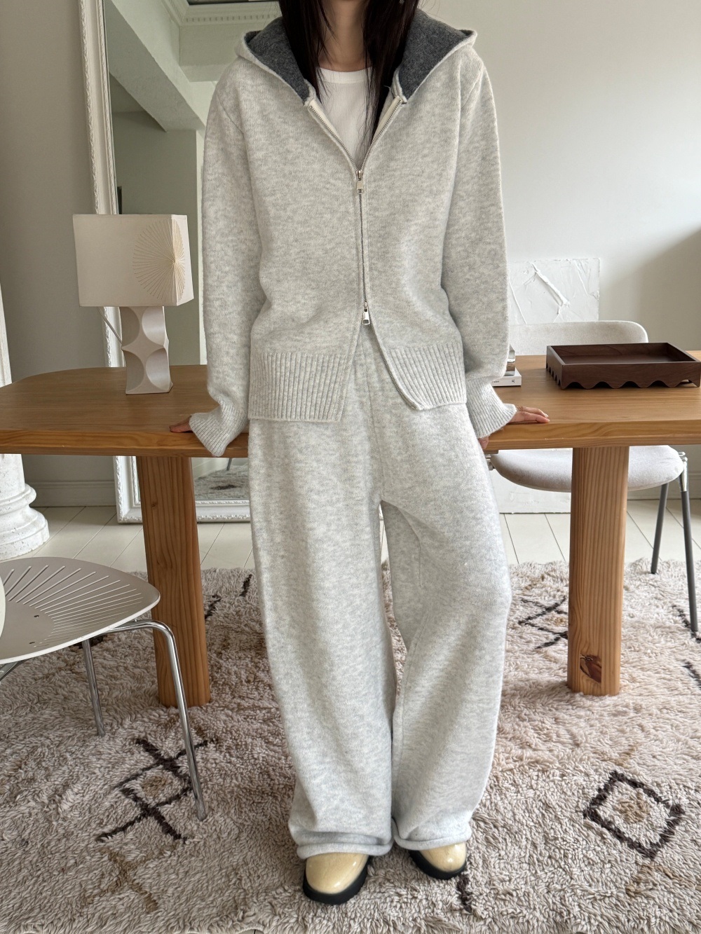 ウール混フードダブルジップウエストゴムワイドカラーパンツカーディガン | 詳細画像17