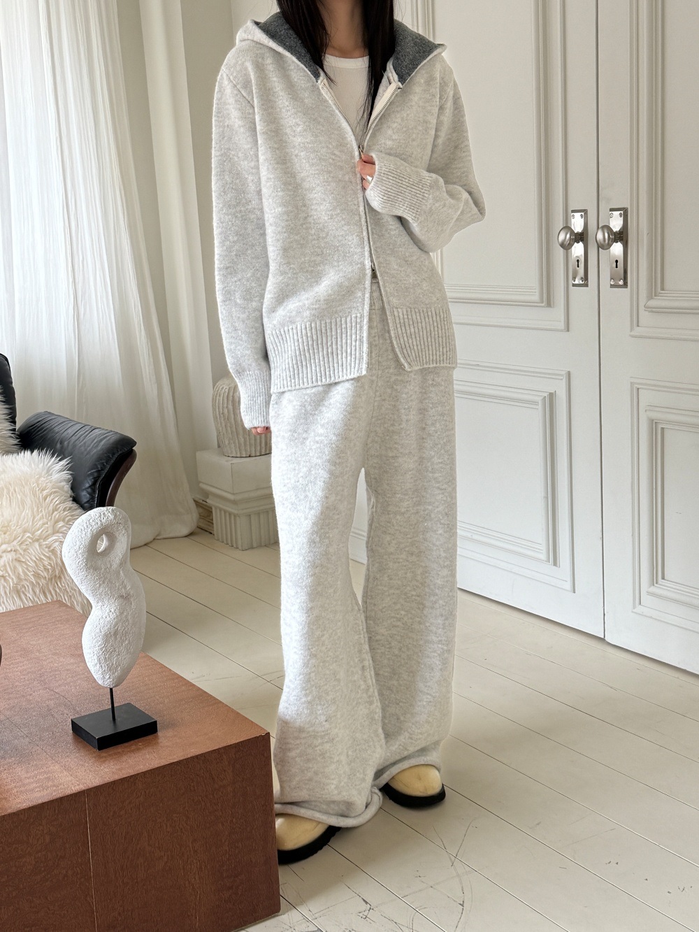 ウール混フードダブルジップウエストゴムワイドカラーパンツカーディガン | 詳細画像19