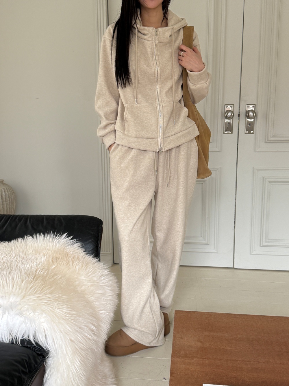 ファー裏地ハイネックフードウエストゴムワイドカンガルーポケットセットアップ | 詳細画像11