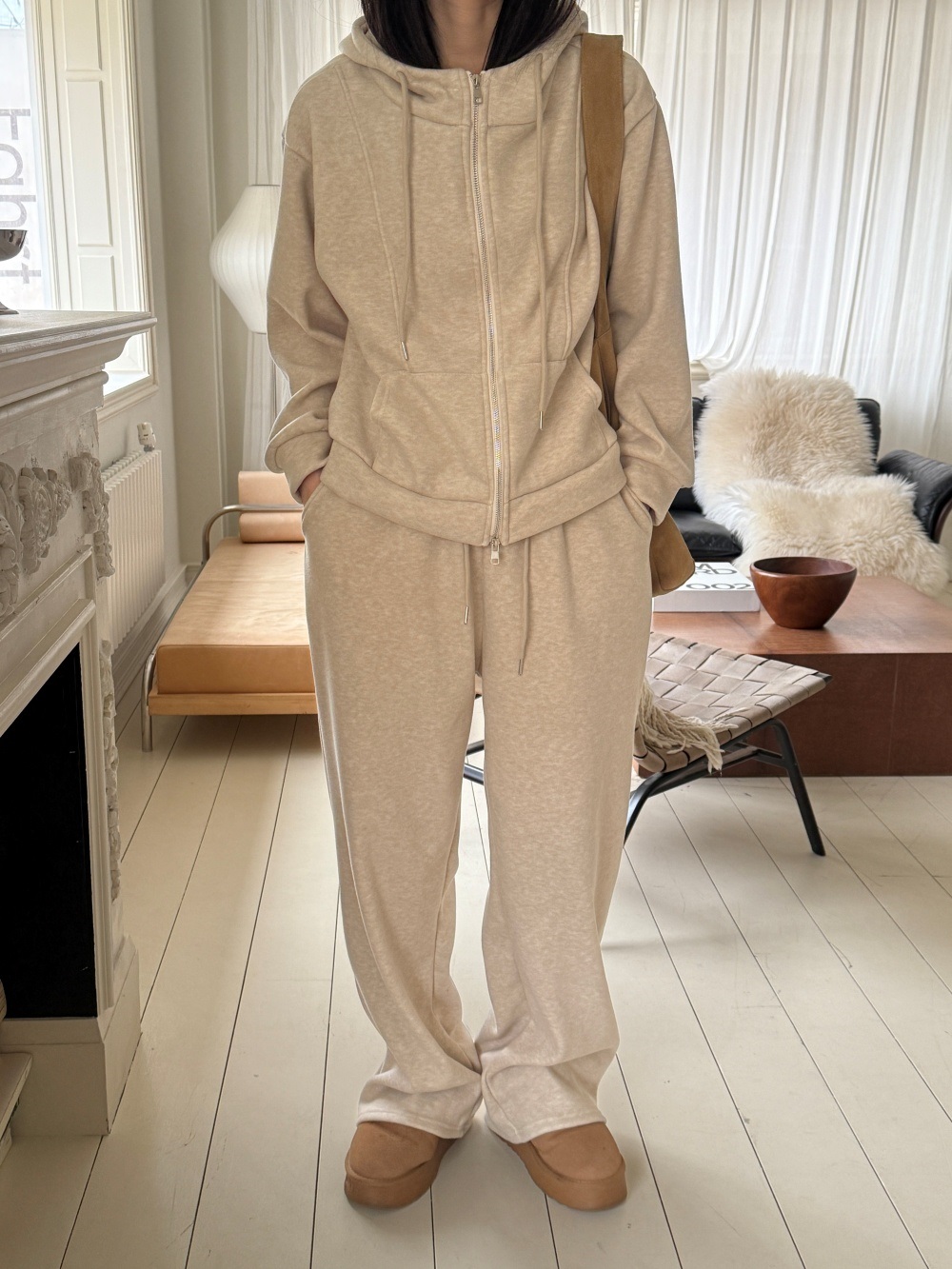 ファー裏地ハイネックフードウエストゴムワイドカンガルーポケットセットアップ | 詳細画像16