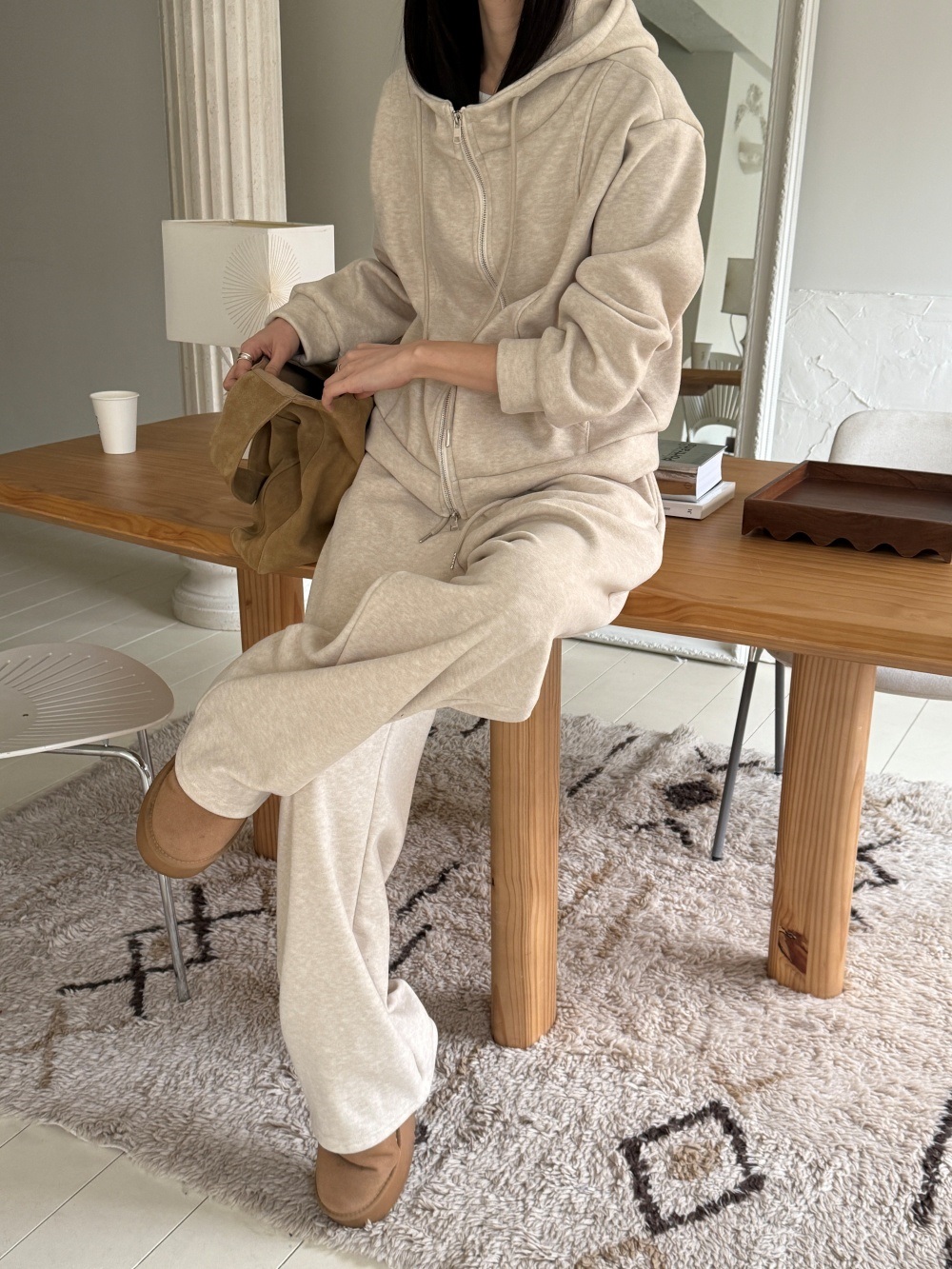 ファー裏地ハイネックフードウエストゴムワイドカンガルーポケットセットアップ | 詳細画像17