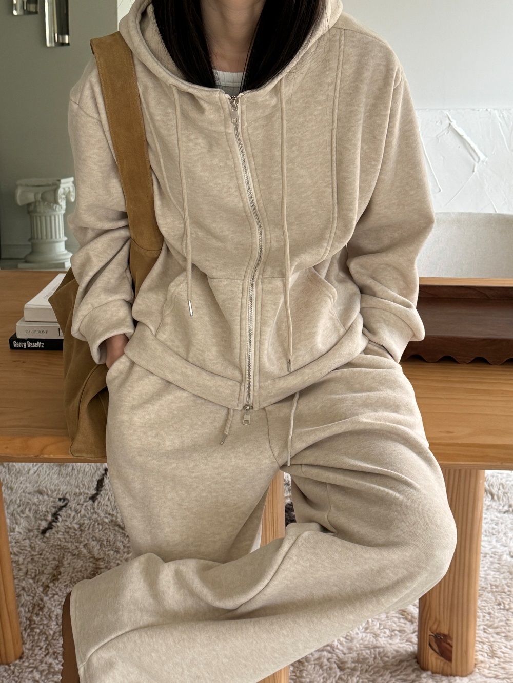 ファー裏地ハイネックフードウエストゴムワイドカンガルーポケットセットアップ | 詳細画像19