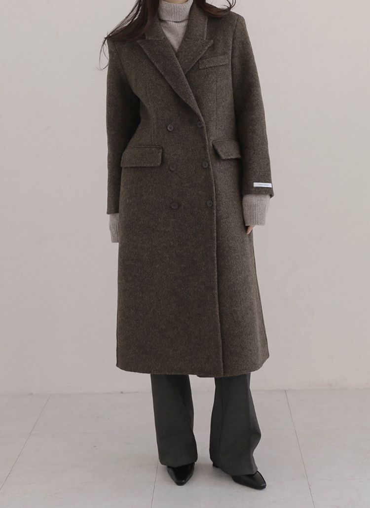 ヘリンボーンウールダブルボタンロングコート | レディース