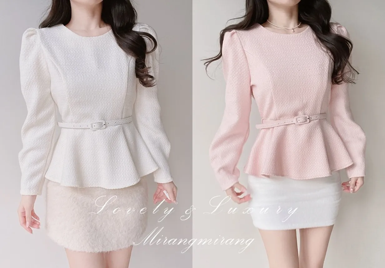 ツイードラウンドネックパフスリーブペプラムブラウスベルト付 | mirangmirang | 詳細画像1