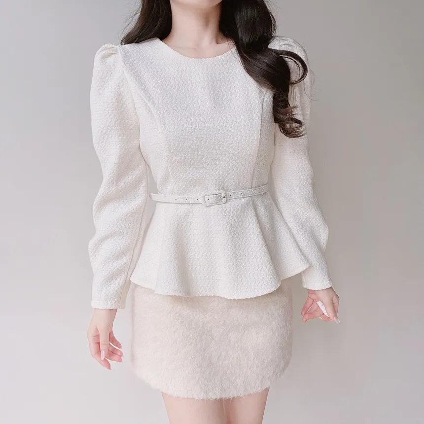 ツイードラウンドネックパフスリーブペプラムブラウスベルト付 | mirangmirang | 詳細画像2