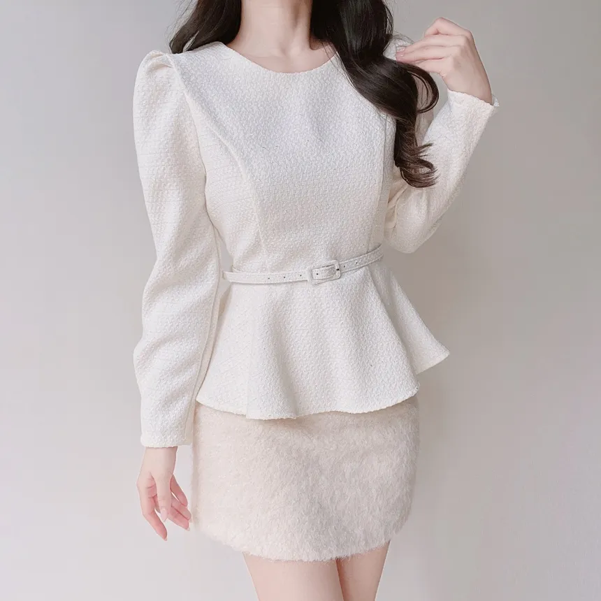 ツイードラウンドネックパフスリーブペプラムブラウスベルト付 | mirangmirang | 詳細画像3