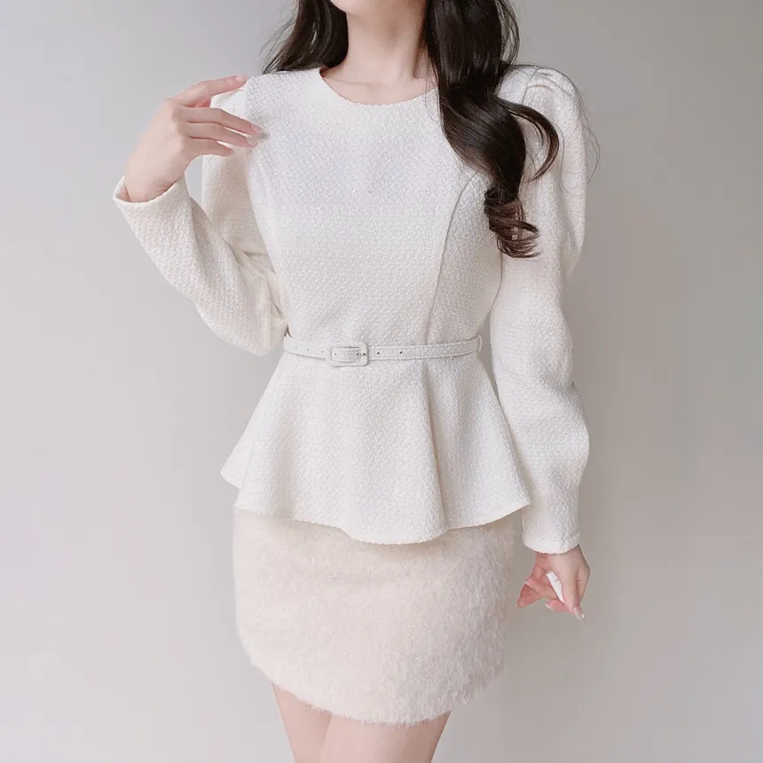 ツイードラウンドネックパフスリーブペプラムブラウスベルト付 | mirangmirang | 詳細画像4