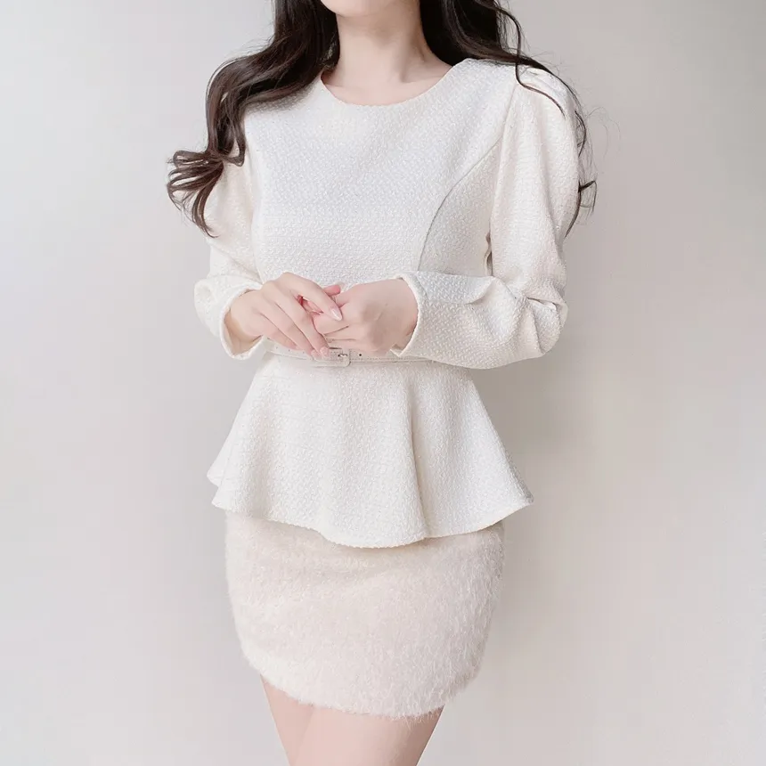 ツイードラウンドネックパフスリーブペプラムブラウスベルト付 | mirangmirang | 詳細画像5