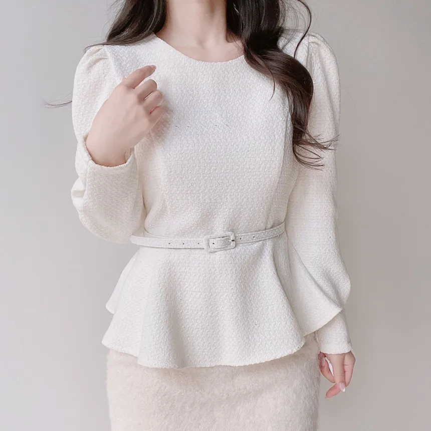 ツイードラウンドネックパフスリーブペプラムブラウスベルト付 | mirangmirang | 詳細画像8