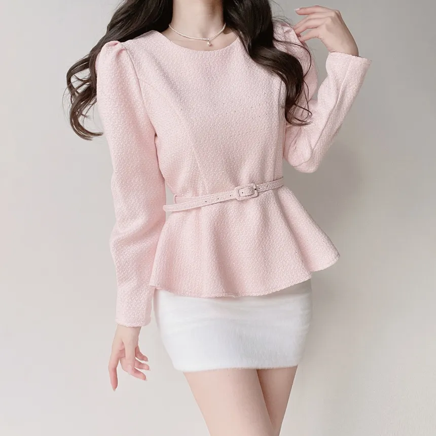 ツイードラウンドネックパフスリーブペプラムブラウスベルト付 | mirangmirang | 詳細画像9