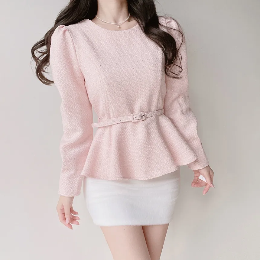 ツイードラウンドネックパフスリーブペプラムブラウスベルト付 | mirangmirang | 詳細画像10