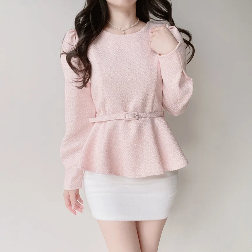 ツイードラウンドネックパフスリーブペプラムブラウスベルト付 | mirangmirang | 詳細画像11