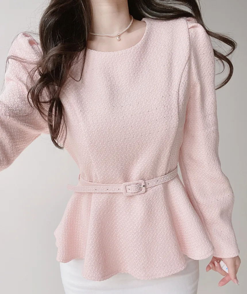 ツイードラウンドネックパフスリーブペプラムブラウスベルト付 | mirangmirang | 詳細画像12
