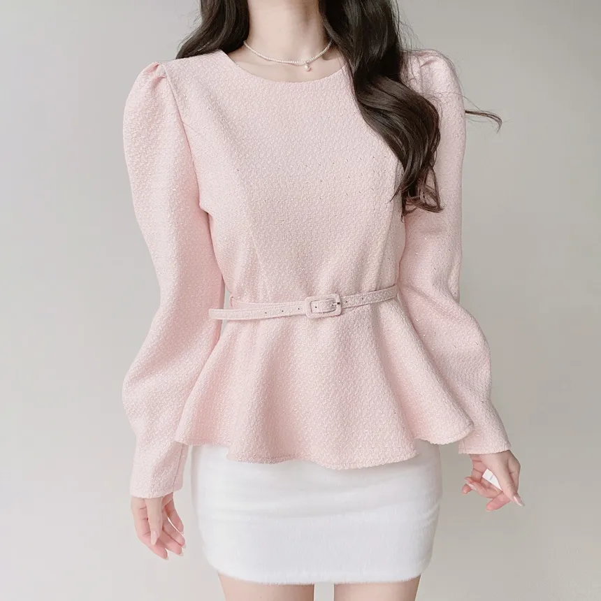 ツイードラウンドネックパフスリーブペプラムブラウスベルト付 | mirangmirang | 詳細画像13