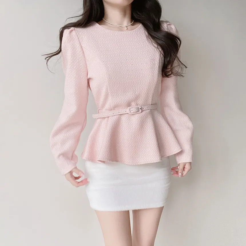 ツイードラウンドネックパフスリーブペプラムブラウスベルト付 | mirangmirang | 詳細画像14