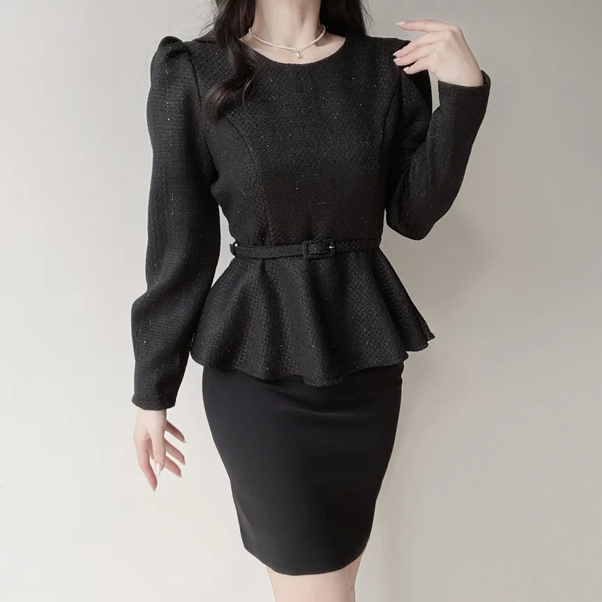 ツイードラウンドネックパフスリーブペプラムブラウスベルト付 | mirangmirang | 詳細画像15