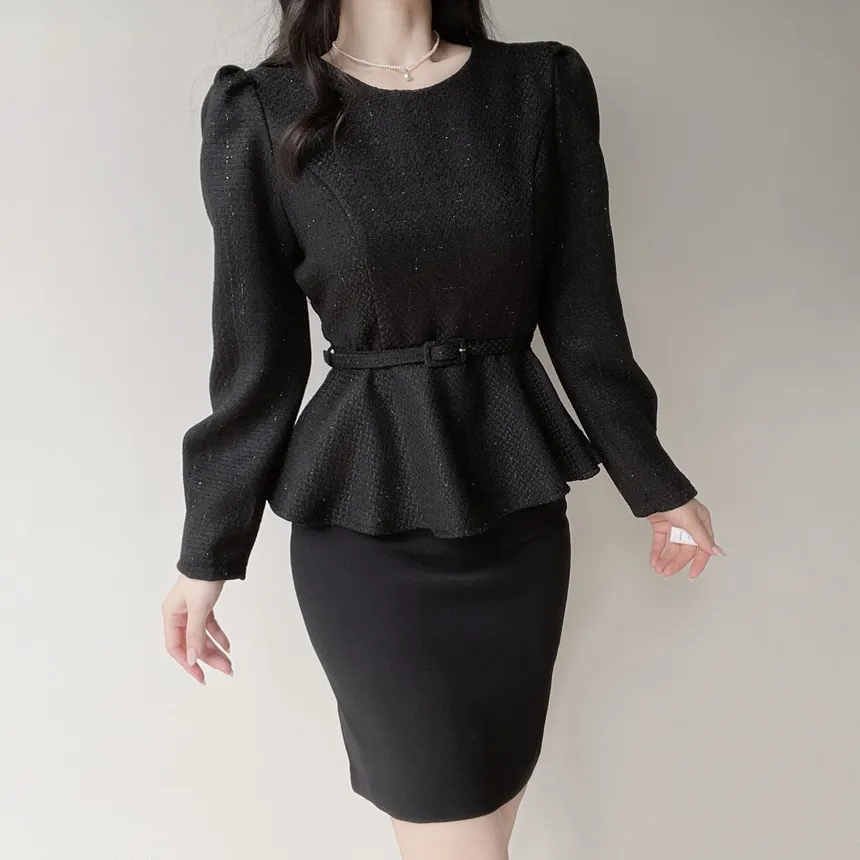 ツイードラウンドネックパフスリーブペプラムブラウスベルト付 | mirangmirang | 詳細画像16