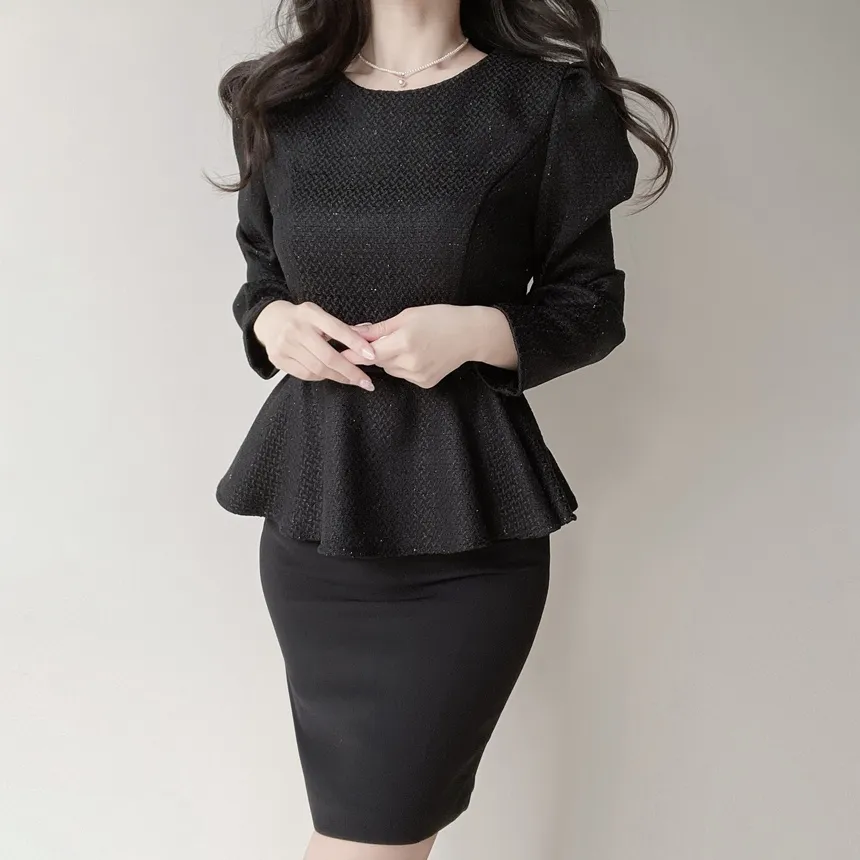 ツイードラウンドネックパフスリーブペプラムブラウスベルト付 | mirangmirang | 詳細画像17