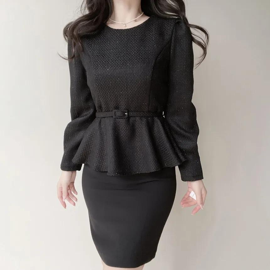 ツイードラウンドネックパフスリーブペプラムブラウスベルト付 | mirangmirang | 詳細画像18