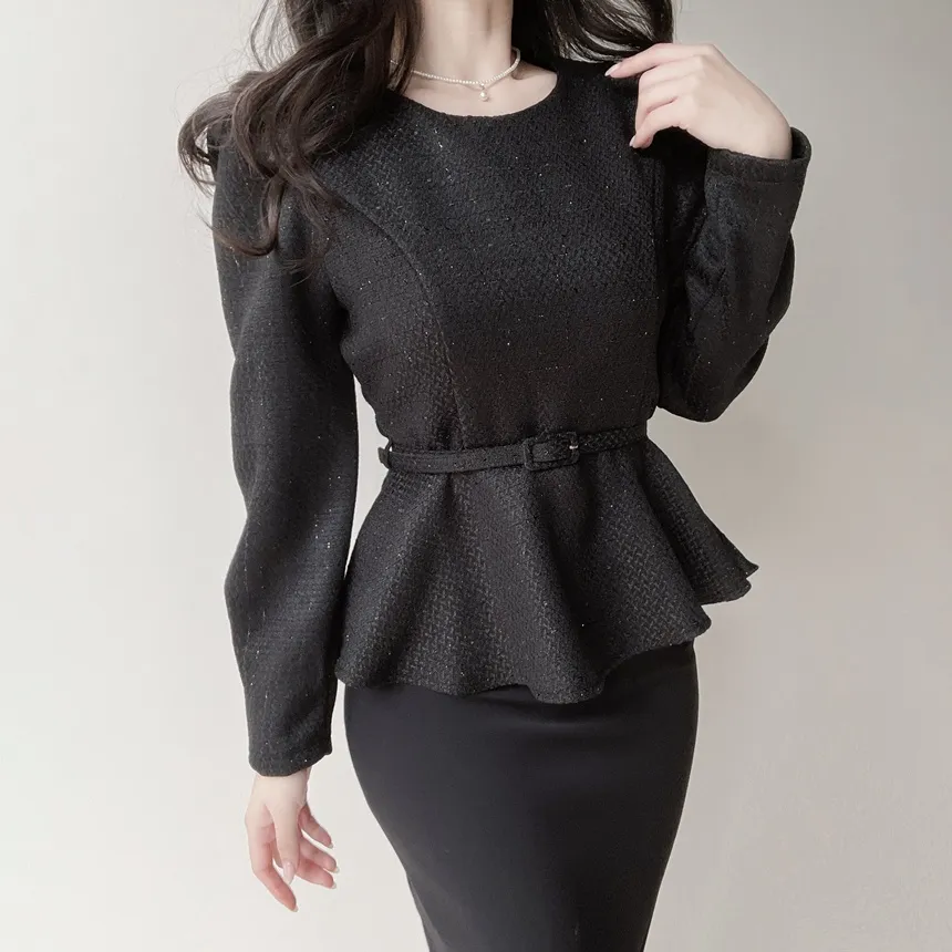 ツイードラウンドネックパフスリーブペプラムブラウスベルト付 | mirangmirang | 詳細画像19