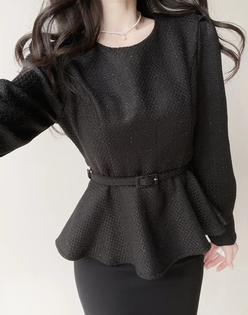 ツイードラウンドネックパフスリーブペプラムブラウスベルト付 | mirangmirang | 詳細画像20