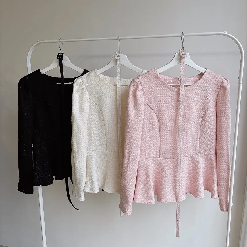 ツイードラウンドネックパフスリーブペプラムブラウスベルト付 | mirangmirang | 詳細画像21