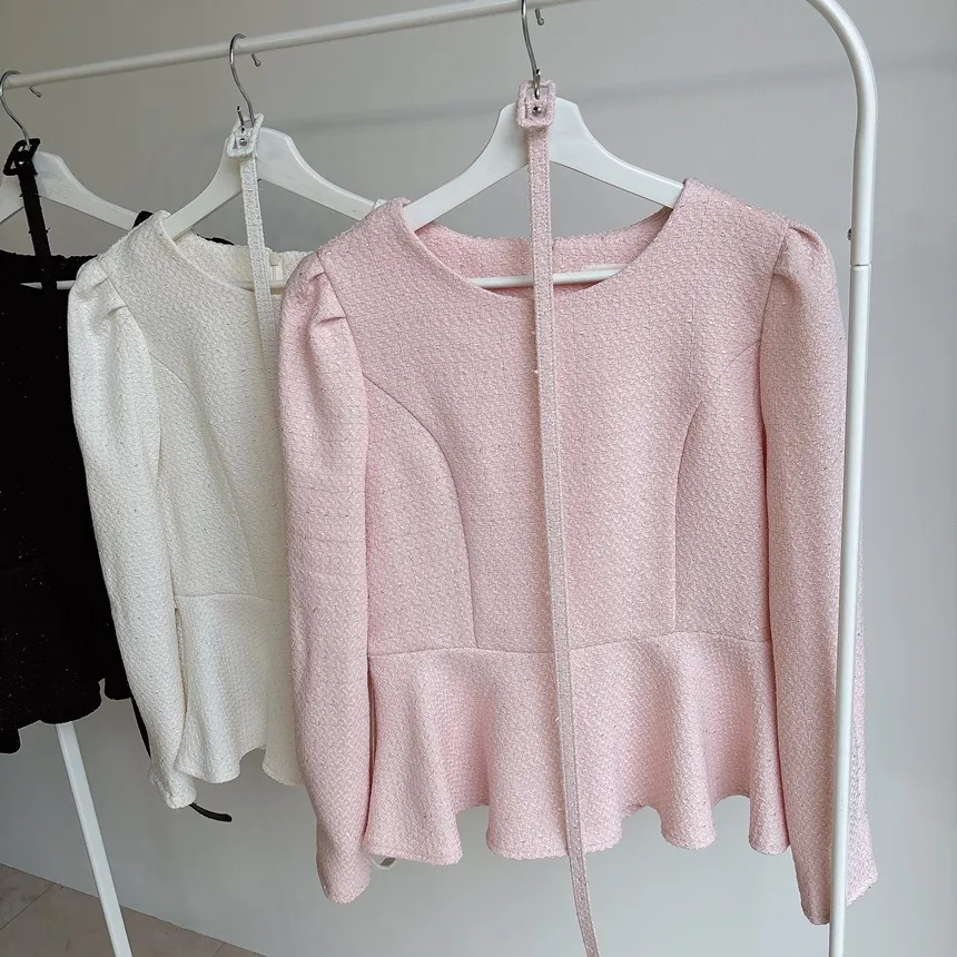 ツイードラウンドネックパフスリーブペプラムブラウスベルト付 | mirangmirang | 詳細画像22