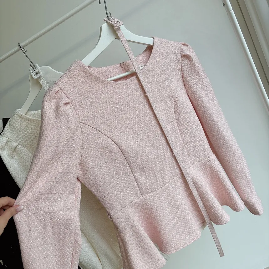 ツイードラウンドネックパフスリーブペプラムブラウスベルト付 | mirangmirang | 詳細画像24