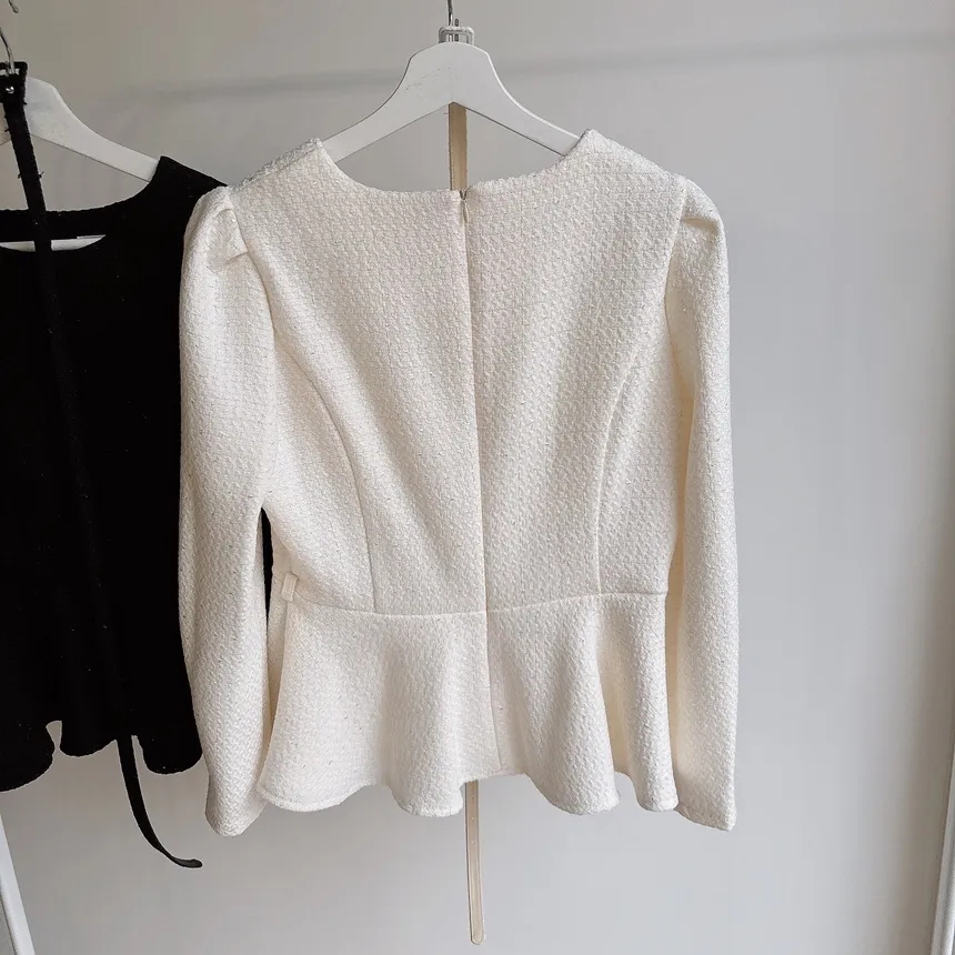 ツイードラウンドネックパフスリーブペプラムブラウスベルト付 | mirangmirang | 詳細画像27