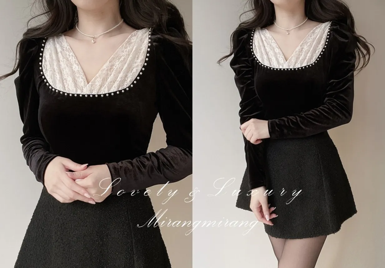 ベロアエコパールパフスリーブレースブラウス | mirangmirang | 詳細画像1