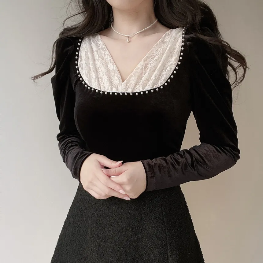 ベロアエコパールパフスリーブレースブラウス | mirangmirang | 詳細画像2