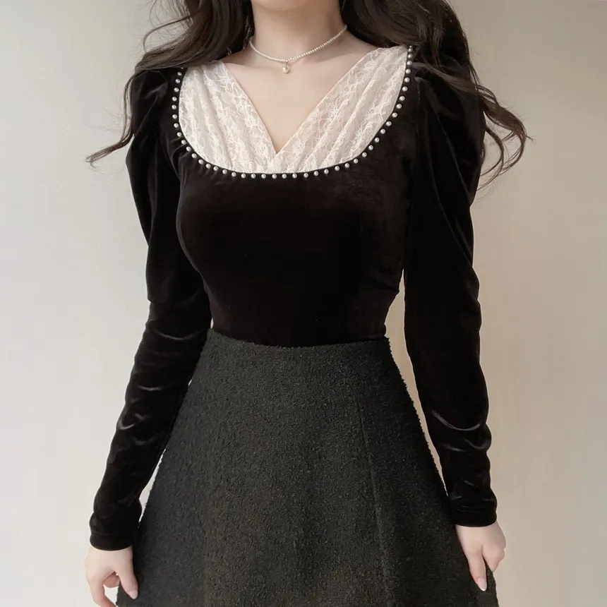 ベロアエコパールパフスリーブレースブラウス | mirangmirang | 詳細画像3