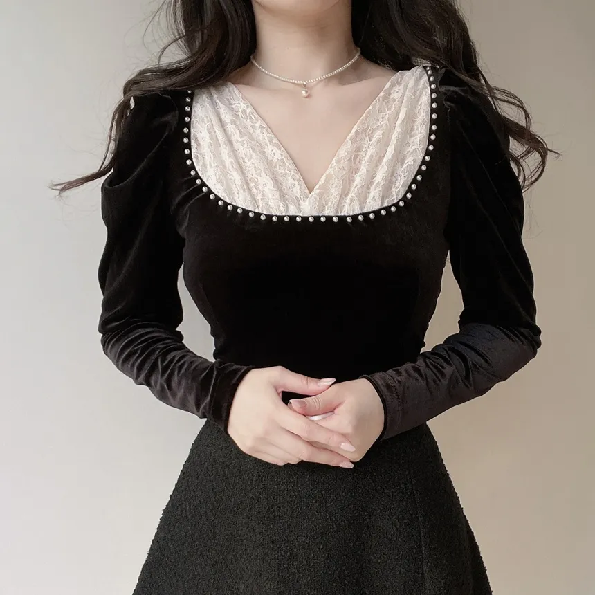 ベロアエコパールパフスリーブレースブラウス | mirangmirang | 詳細画像4