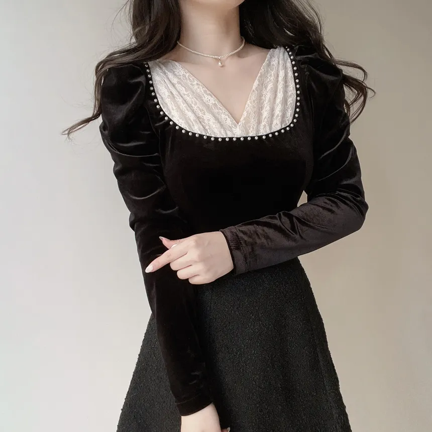 ベロアエコパールパフスリーブレースブラウス | mirangmirang | 詳細画像5