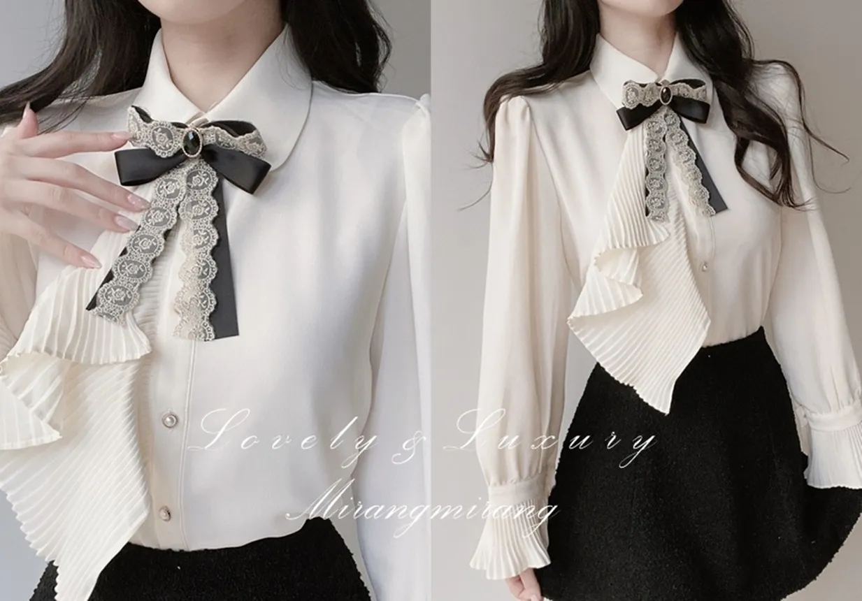 シャーリングボウタイベルスリーブブラウスブローチ付 | mirangmirang | 詳細画像1