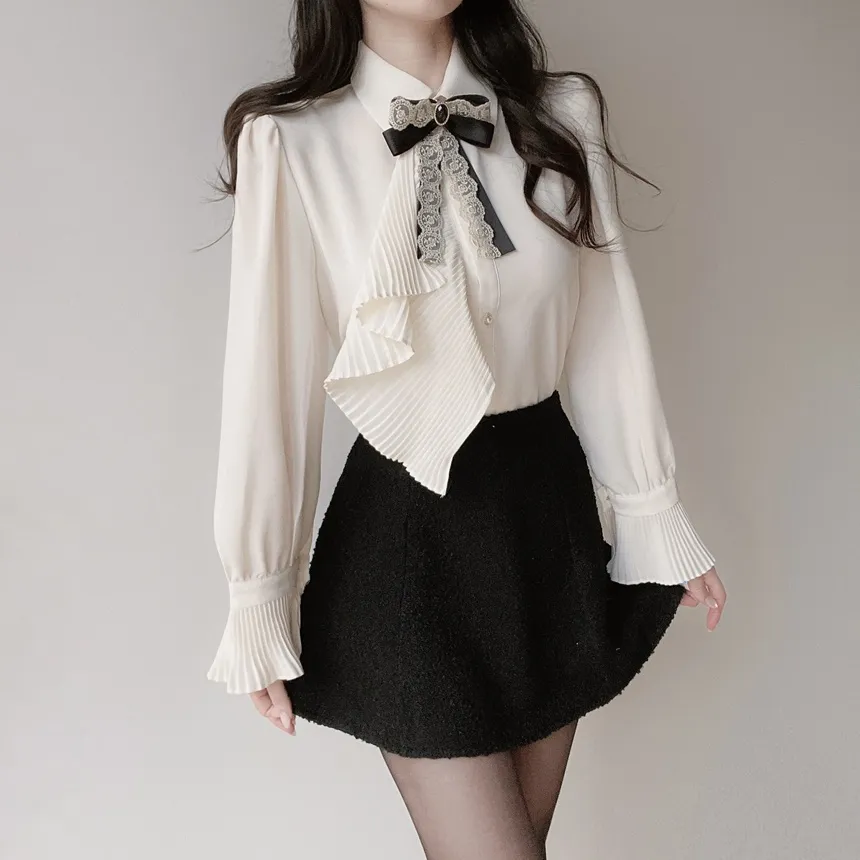 シャーリングボウタイベルスリーブブラウスブローチ付 | mirangmirang | 詳細画像4